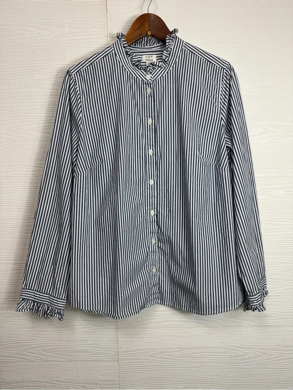 J. Crew Ruffleneck button-up top Blue White Striped XL
